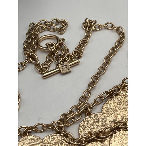 Banana Republic Signed Gold Tone Long Textured Coin Dangle Long Toggle Necklace - Picture 6 of 8